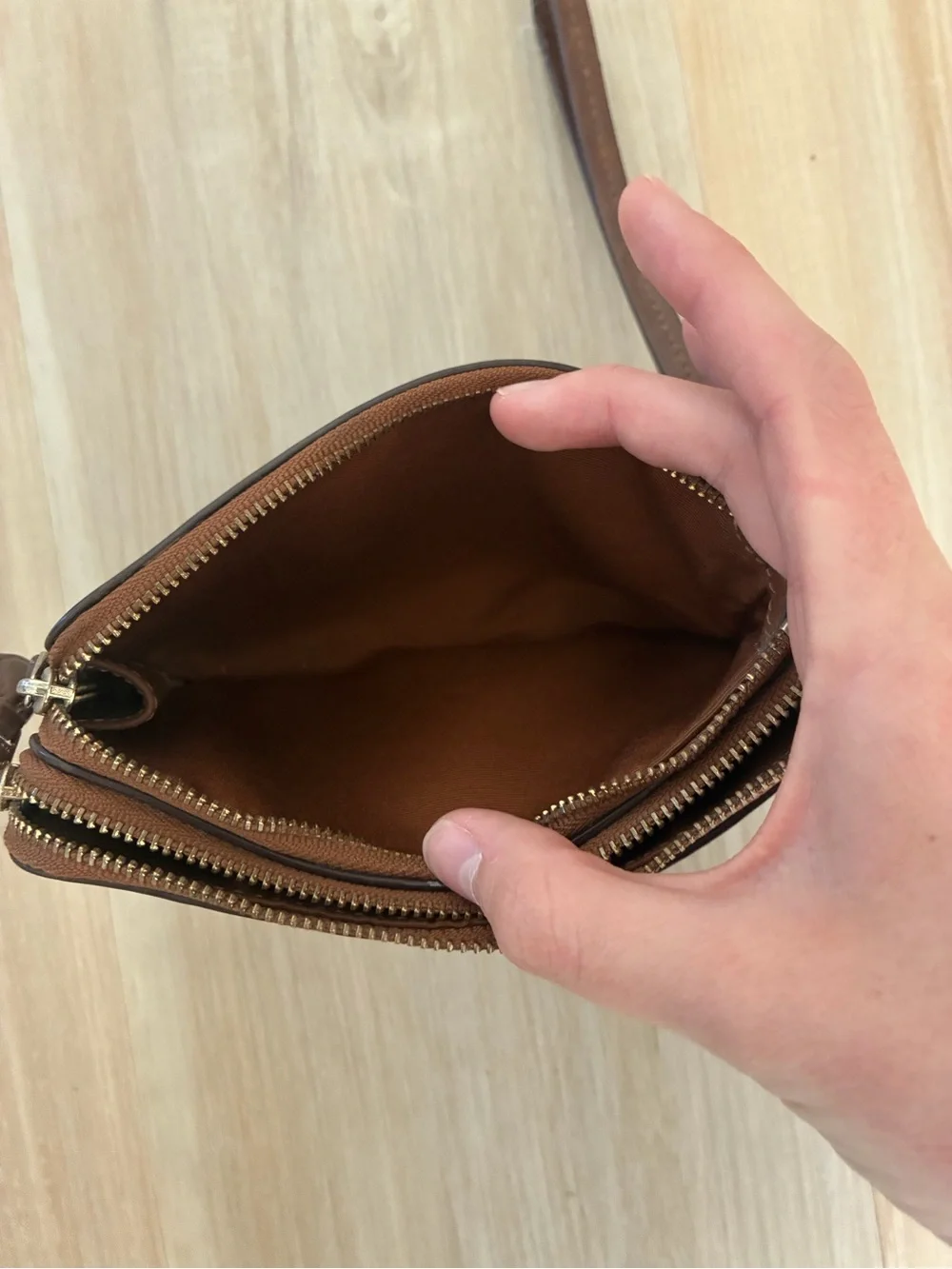 Coach Brown Leather Wristlet Clutch with Gold Logo